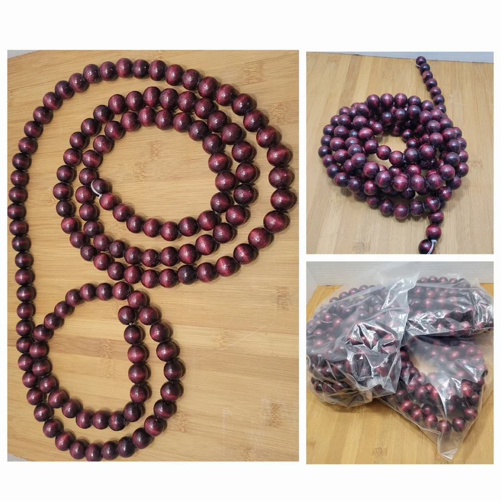 Set of 3 Strands of Cranberry Color Wooden Bead Garland Christmas Decor, 9' each